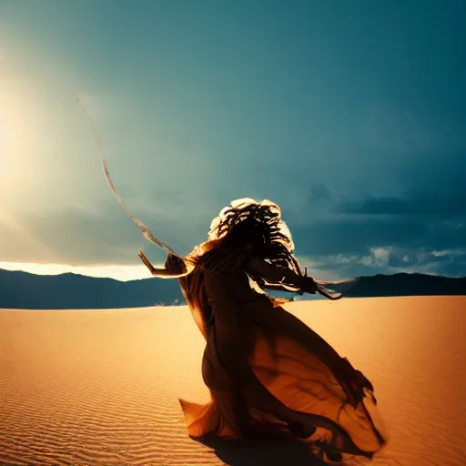 Image similar to filmstill photography of female body sulhouette covered with curly white translucent blanket blowing in wind, acrylic liquid colors, luxurious supermodel photoshooting, golden jewelry, bokeh, godrays, strong wind, wrinkles, sunrays, sunset, lens flares, monet, renoir, cold colors, sand dunes