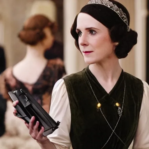 Prompt: Mary crawley plays final fantasy 7 at downton Abbey