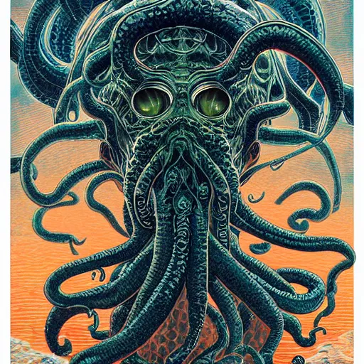 Prompt: portrait of cthulhu, symmetrical, by yoichi hatakenaka, masamune shirow, josan gonzales and dan mumford, ayami kojima, takato yamamoto, barclay shaw, karol bak, yukito kishiro