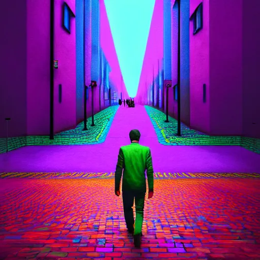 Image similar to photo - realistic, painting of a man walking alone in the boulevard of psychedelic dreams, trippy stairs in the background highly detailed, hyper detail, sharp, in the style of beeple, mobeius, rule of thirds, unreal engine trending on artstation