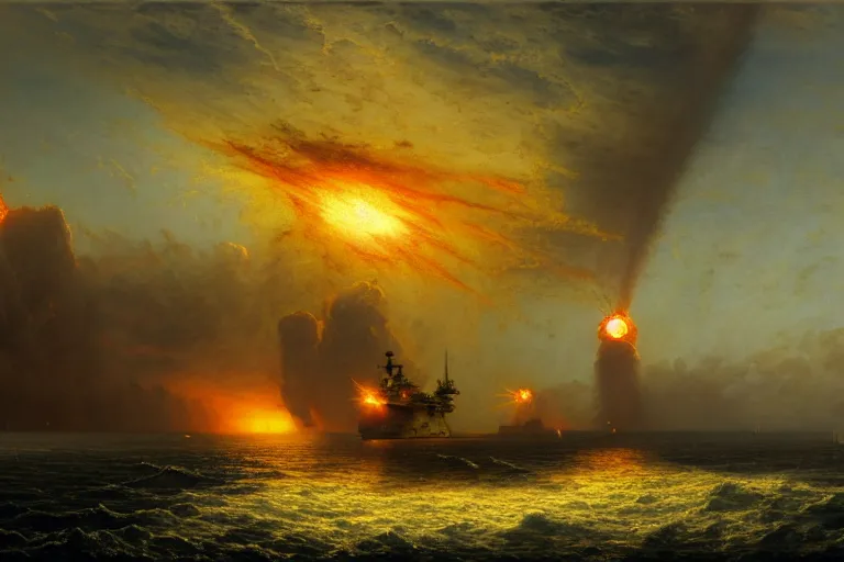 Prompt: aircraft carrier, nuclear explosion by andreas achenbach and peder balke and martin johnson heade sharp digital painting. dreaming latent space. matte painting, concept art. artstation. digital render. hdr, high dynamic range, global illumination, realistic, 8 k