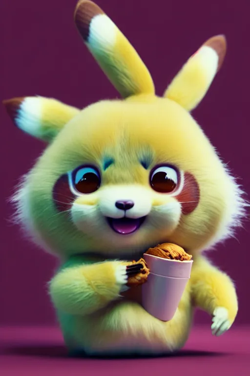 Image similar to high quality 3 d render hyperrealist very cute pastel fluffy! red panda & tarsier hybrid suspicious eating giant ice cream, vray smooth, in the style of detective pikachu, hannah yata charlie immer, very dramatic light, low angle, uhd 8 k, shallow depth or field