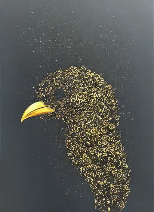 Image similar to crow shape, award - winning painting, abstract, gold and silver colors,, elegant, luxurious, beautiful, lovecraftian, beksinksi, chiaroscuro