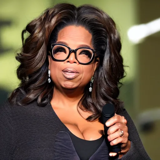 Prompt: oprah staring the camera seriously whilst holding up a mouse