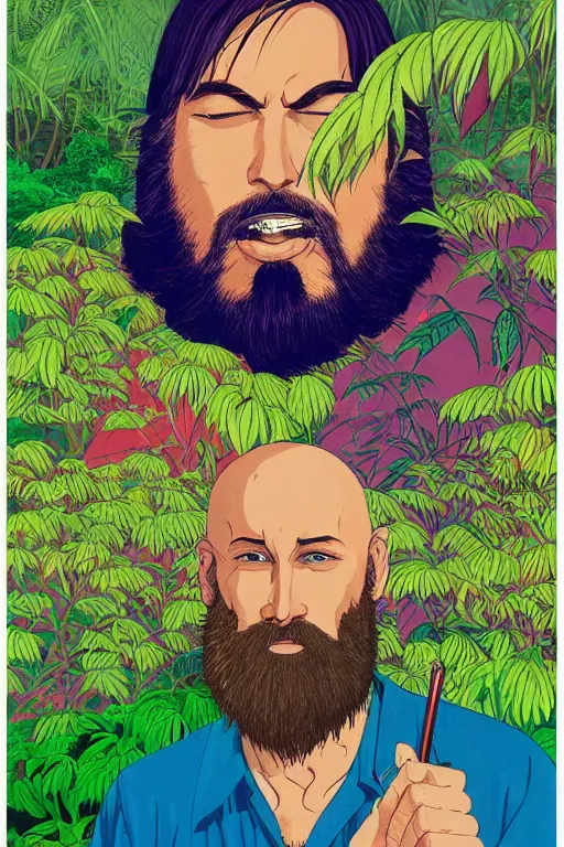 Prompt: a colorful closeup portrait of a handsome young bald man with a very long wild beard sucking a blotter paper of lsd acid and dreaming psychedelic hallucinations in the overgrown landscape of amazon jungle, by kawase hasui, moebius and edward hopper, colorful flat surreal design, hd, 8 k, artstation