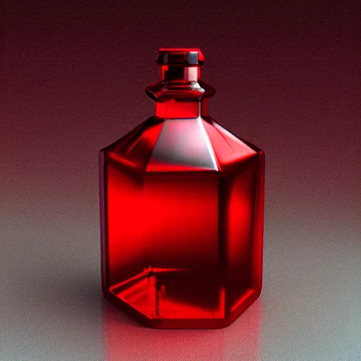 Prompt: The legendary Blood-Red Sparkling health potion in a hexagonal bottle fuming from its opening, golden lace pattern, photorealistic render