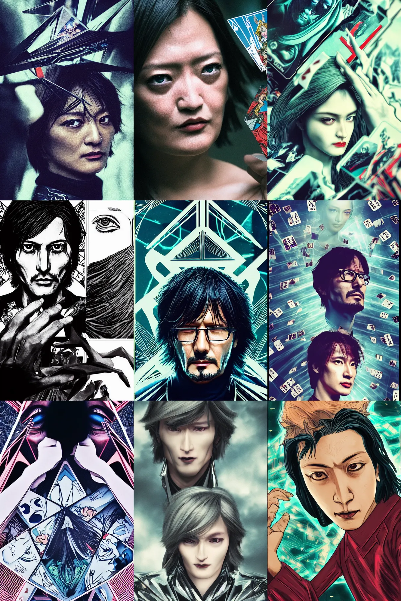 Prompt: Cinestill 50d, 8K, highly detailed, major arcana Hideo Kojima style nightmare art deco manga style 3/4 closeup portrait, eye contact, focus on model, tilt shift zaha hadid style background: famous major arcana card remake, transformation scene