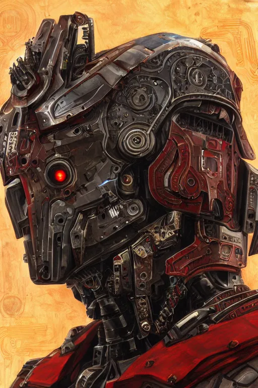 Prompt: portrait of adeptus mechanicus in red hood, cyborg, prist, cyberpunk, Warhammer 40000, highly detailed, artstation, illustration, art by Gustav Klimt