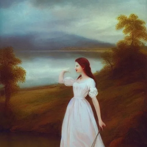 Image similar to a beautiful girl with a beautiful face wearing white dress, a dog, john martin landscape, lake evening, pastel pink and blue colors