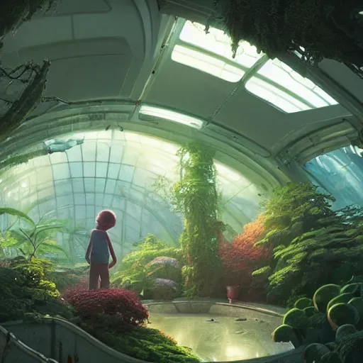 Image similar to , boy and grandma in sci - fi green house, spaceship, plants, stephen bliss, misty, unreal engine, pixar, fantasy art by greg rutkowski, loish, ferdinand knab, and lois van rossdraws, global illumination, radiant light, minimalist, detailed and intricate environment