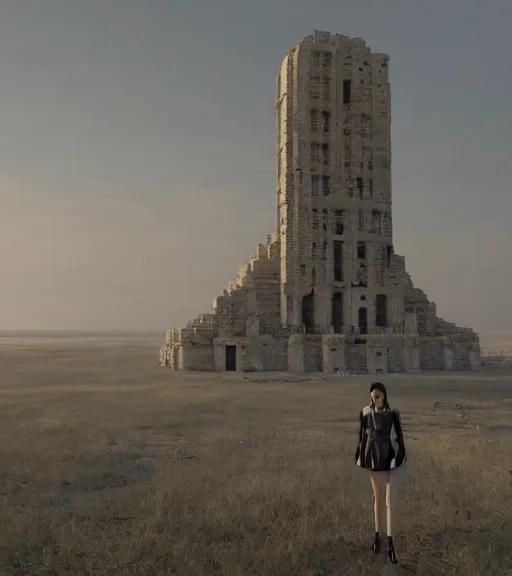 Image similar to tarkovsky greatest scene, the ancient destroyed majestic tower of babylon, a woman near the camera in futuristic cyber clothing, transparent puffer jacket, hyper realistic, blockchain, virtual self, ambient lighting, concept art, intricate, hyper - detailed, smooth, dynamic volumetric lighting, unreal engine 5, ray trace, cinematic, high quality, high resolution, 4 k, cgsociety