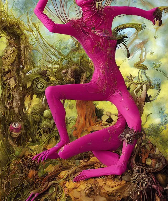 Prompt: a portrait photograph of a colorful alien harpy elf super villian with amphibian skin and animal paws. she looks like elle fanning and is being wrapped in a colorful slimy organic membrane catsuit. by donato giancola, hans holbein, walton ford, gaston bussiere, peter mohrbacher and brian froud. 8 k, cgsociety, fashion editorial