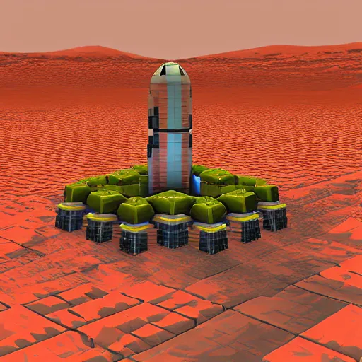 Prompt: voxel based world, space mining station on the surface of mars, myriad of interconnected yellow drop pod structures, connected via tubes