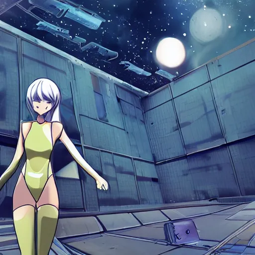 Image similar to beautiful and gorgeous anime girl in a thight plug suit scavenging a abandoned space station