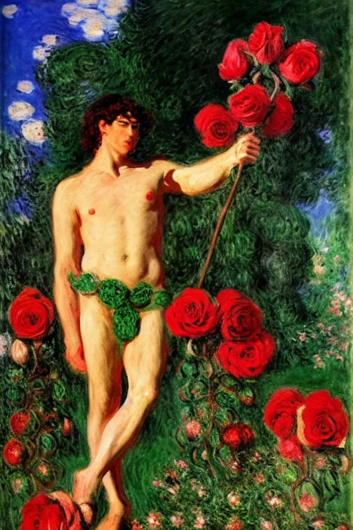 Prompt: the greek god hermes marched forward among the roses, monet, musha