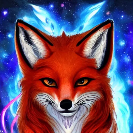 Image similar to a painted avatar portrait of an awesome cosmic powerful humanoid kitsune fox mage themed around life and death and the stars and the cosmos, in the style of dnd beyond avatar portraits, beautiful, artistic, elegant, lens flare, magical, lens flare, nature, realism, stylized, art by jeff easley