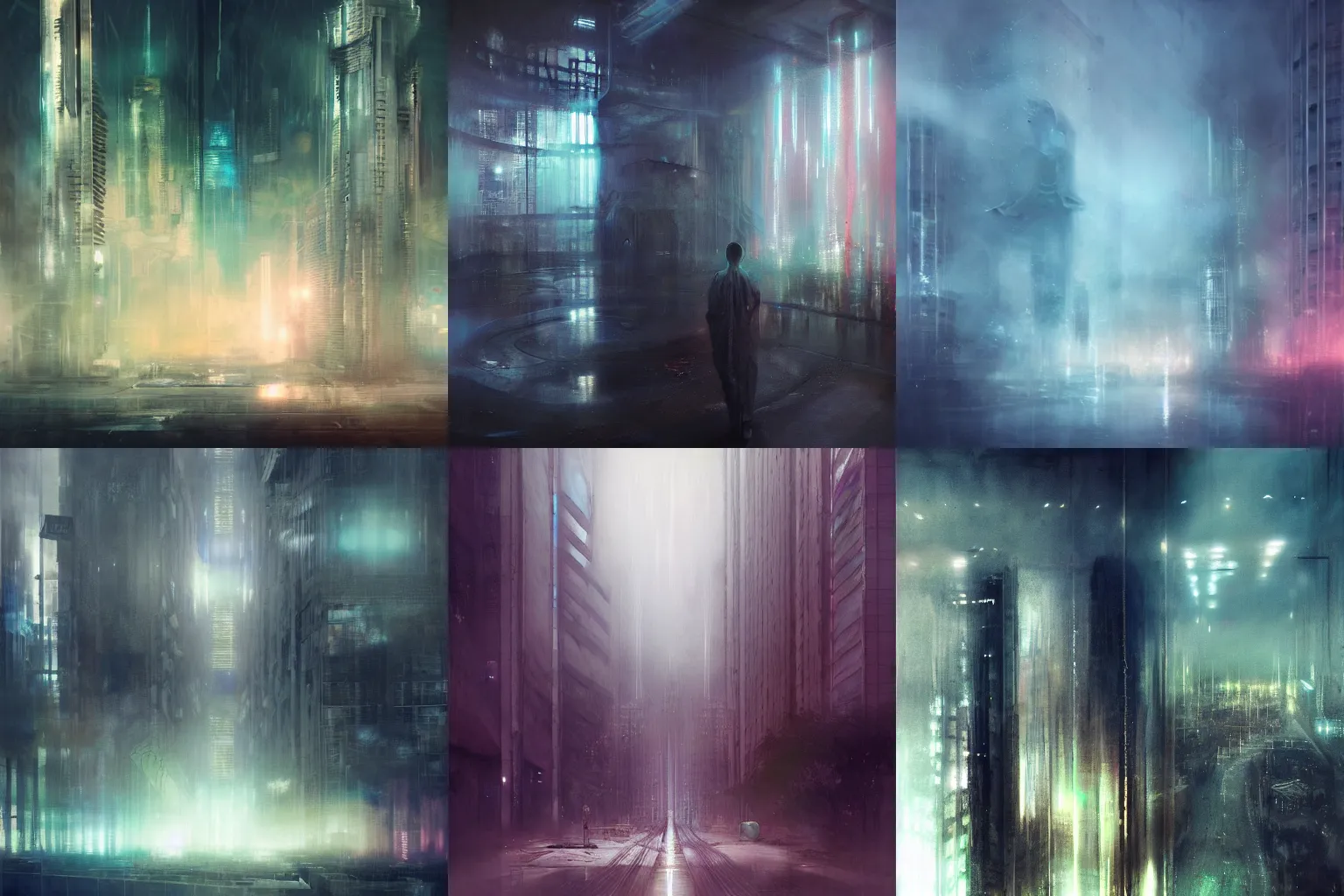 Prompt: futuristic cityscape by cy Twombly and BASTIEN LECOUFFE DEHARME, iridescent, volumetric lighting