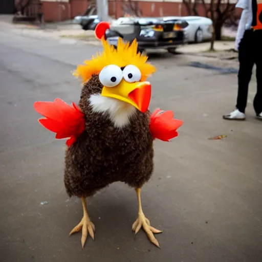 Image similar to cute chicken dressed as an inmate, campau mike style