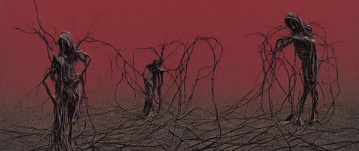 Image similar to mother and child, wrapped in thorns and wire, in a desolate, charred desert, high contrast, dark red, HDR, painted by zdzislaw beksinski