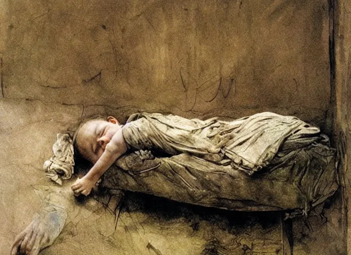 Image similar to poor child sleeping in a dirty makeshift hospital, painting by andrew wyeth and alan lee, very detailed, somber mood, realistic sad faces