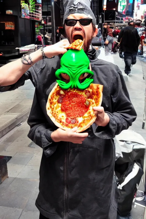 Image similar to a Cthulhu rapper eating pizza in Times Square