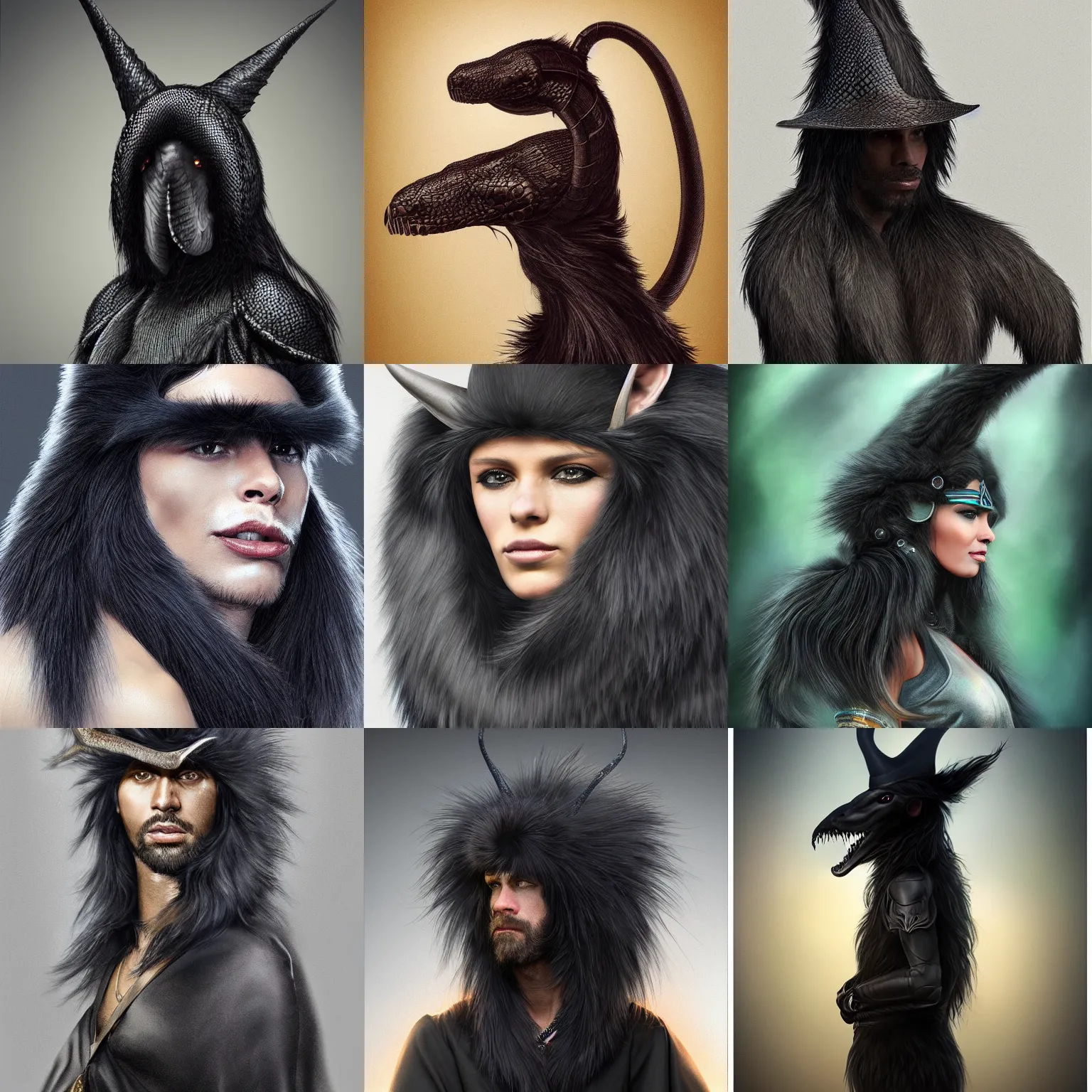 Prompt: extremely realistic portrait of a real life titanium black cubra snake with a very long fur and a wizard hat, fantasy, trending on artstation, heroic pose, highly detailed, profile picture, 8k