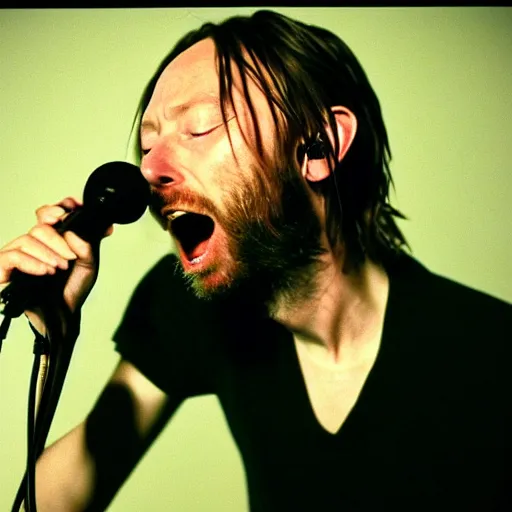 Prompt: Thom Yorke 1995 radiohead singing into a microphone, a photo by John E. Berninger, trending on pinterest, private press, associated press photo, angelic photograph, masterpiece