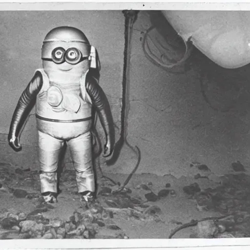 Image similar to old creepy black and white photograph of a minion in deep sea diving gear