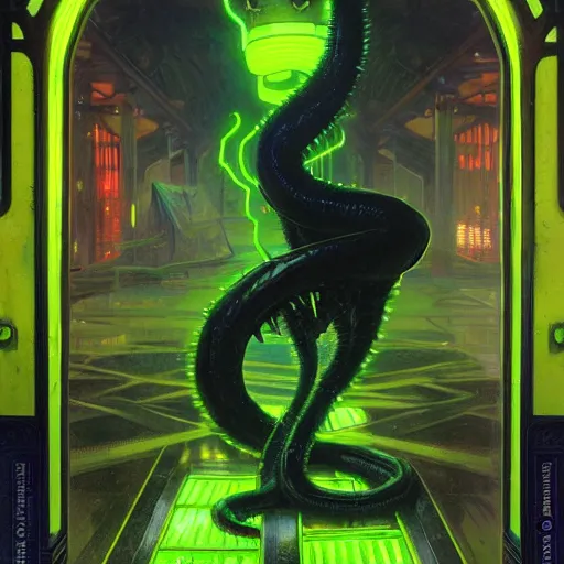 Image similar to menacing aggressive black slimy creature made out of needles, inside a gas station, aggressive harsh bright fluorescent industrial green/blue lighting, extremely detailed digital matte painting buy Greg Rutkowski and Alphonse Mucha