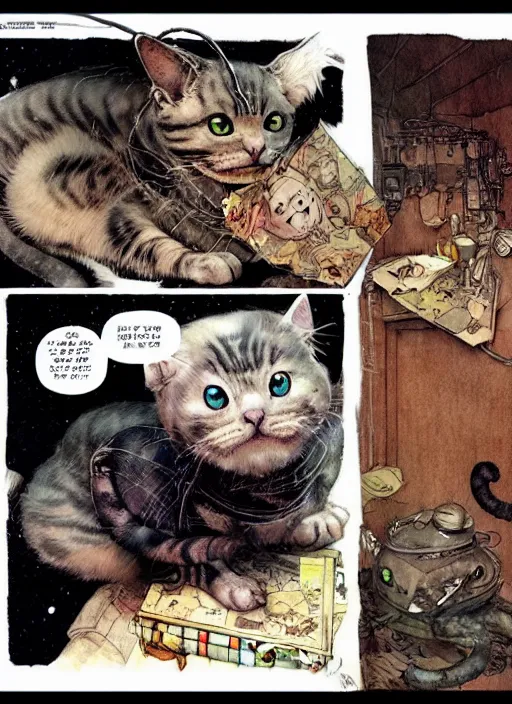 Image similar to a hyper realistic ink cat in a spaaceship 6 panel comic by chiara bautista and norman rockwell and greg rutkowski weta studio, and lucasfilm