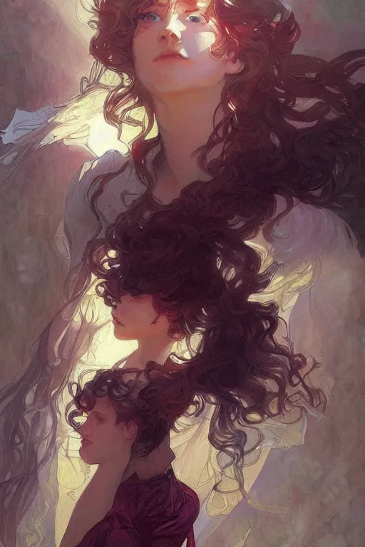 Image similar to enjolras from les miserables, ray of light, shimmering and prismatic, rococo, by krenz cushart and mucha and monet, trending on artstation.