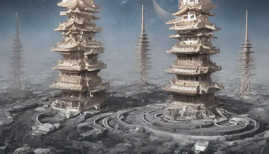 Image similar to japanese pagodas built on the moon with fountains with the earth in the background, hyperdetailed, artstation, cgsociety, 8 k