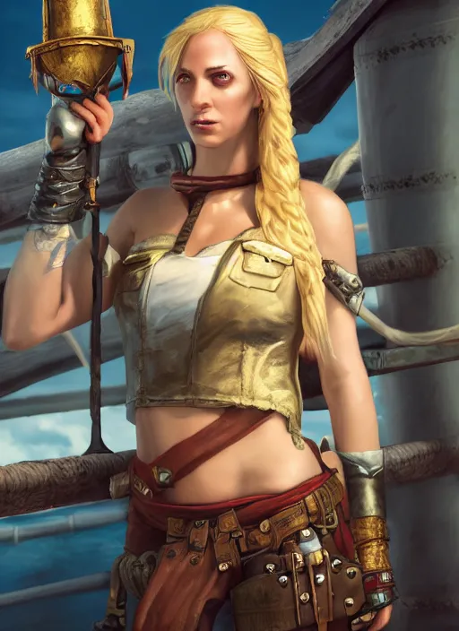 Image similar to An epic fantasy comic book style portrait painting of tall blonde haired female sky-pirate with a serious face and a pony tail in front of a metal gangplank, unreal 5, DAZ, hyperrealistic, octane render, cosplay, RPG portrait, dynamic lighting