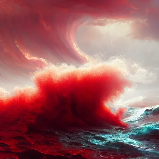 Image similar to turbulent ocean made of dark - red energy under a bed of loquaciously indulgent cloudy skies, emanating red mist, illustrated by greg rutkowski and gaston bussiere, artstation, cgsociety contest winner, intricately defined, complexly detailed, zbrush, mannerism, 4 k