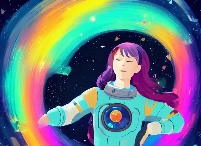 Image similar to a beautiful woman with rainbow hair floating in space. she is an astronaut, wearing a space suit, fixing her space rocket. clean cel shaded vector art. shutterstock. behance hd by lois van baarle, artgerm, helen huang, by makoto shinkai and ilya kuvshinov, rossdraws, illustration, art by ilya kuvshinov