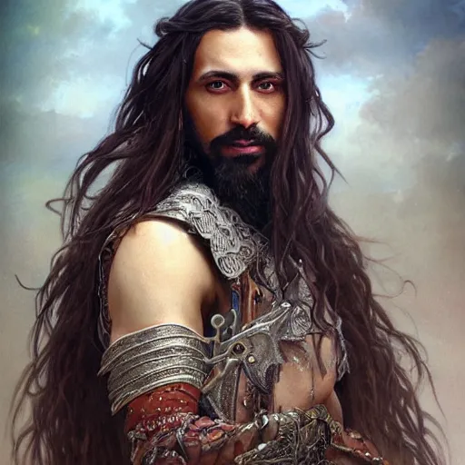 Image similar to portrait painting of a middle - eastern man with shoulder length hair wearing a tattered feather cloak and armor, ultra realistic, concept art, intricate details, eerie, highly detailed, photorealistic, octane render, 8 k, unreal engine. art by artgerm and greg rutkowski and charlie bowater and magali villeneuve and alphonse mucha