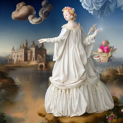 Image similar to a sweet queen with a white large magnificent more and more vaporous ,wrapped ,hight decorated, detailed ,white roses cotton cream dress shooting surrounded by a wonderful renaissance landscape background, octane,3d, surrealism 8k