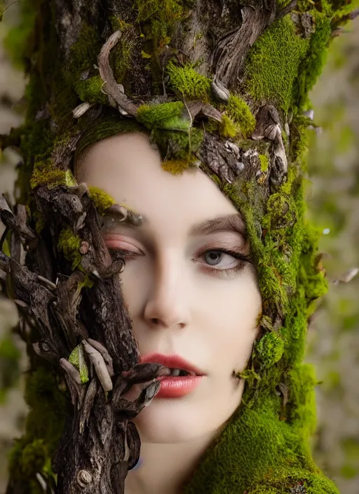 Image similar to a photo of a female model, orgnic headpiece, vines, horn, moss, fashion photography, realistic, hyperdetails, dark grey backdrop studio, tree bark and moss costume, body with paint