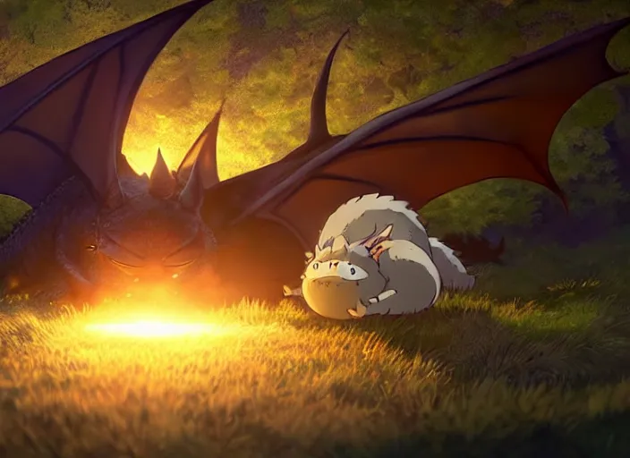 Image similar to a wholesome animation key shot of a dragon sleeping, close up, studio ghibli, pixar and disney animation, sharp, rendered in unreal engine 5, clear sky, anime key art by greg rutkowski, bloom, dramatic lighting