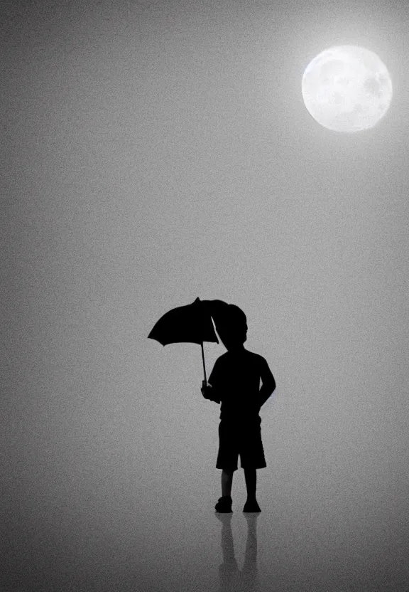 Image similar to little boy standing, holding umbrella in front of playground, at night, full moon, minimalist, black and white artwork, anime style