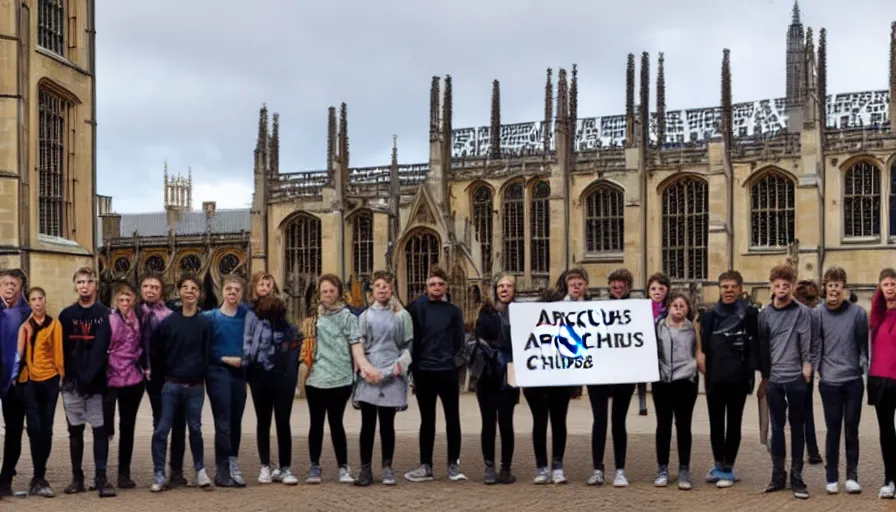 Image similar to A group of students stands in front of the Kings College chapel in Cambridge, holding a sign that says ARCSOC 2022–23