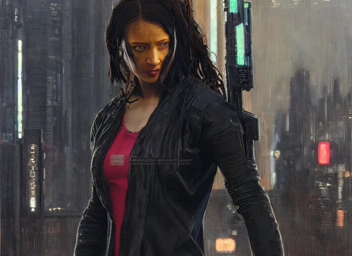 Prompt: Maria igwe. Cyberpunk female hacker wearing stealth suit hiding from police patrol (blade runner 2049, cyberpunk 2077). Orientalist portrait by john william waterhouse and James Gurney and Theodore Ralli and Nasreddine Dinet, oil on canvas. Cinematic, hyper realism, realistic proportions, dramatic lighting, high detail 4k