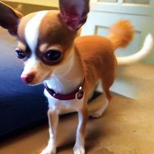 Image similar to a chihuahua-cat hybrid with long cat tail, cute