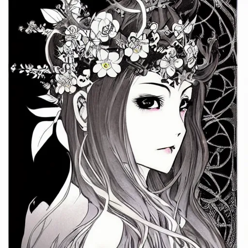 Prompt: anime manga skull portrait young woman hair floral crown fairytale comic skeleton illustration xmen style by Alphonse Mucha and Steve Ditko and Jim Lee pop art nouveau