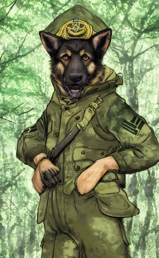 Image similar to close up character portrait icon of the german shepard military uniform head animal person fursona wearing clothes standing in the bright forest, hidari, color page, tankoban, 4 k, tone mapping, akihiko yoshida