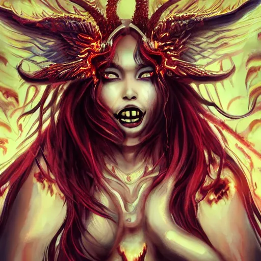 Image similar to stunning female demon surrounded in fire, korean, buddhist, naraka otherworldly rising from the fire, crystal amber eyes, wings, very detailed face, smile, monster teeth covered in red, dark and mysterious, full body, rococo, cinematic, epic, 4 k very detailed, trending in artstation