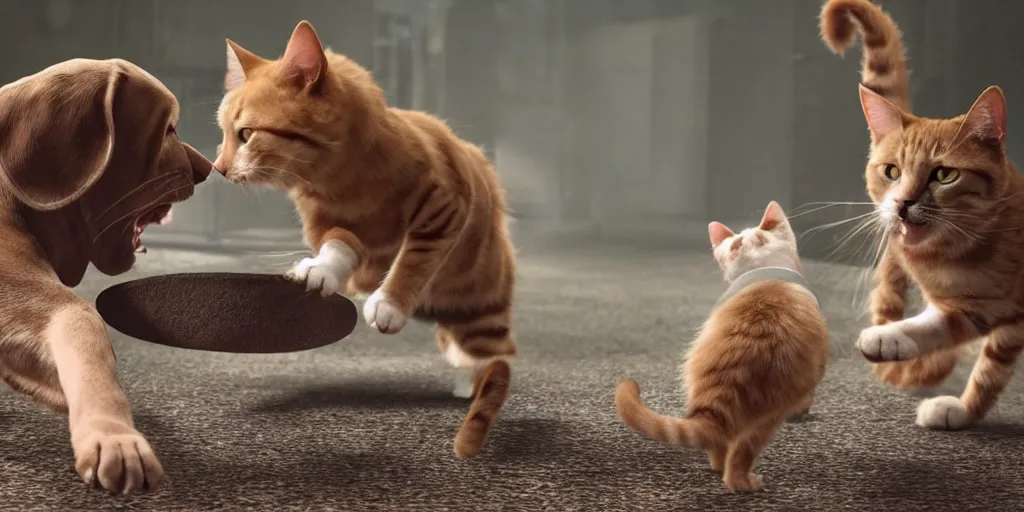 Image similar to A cat and a dog are fighting for a sausage,highly detailed,cinematography,realistic cinematic lighting,