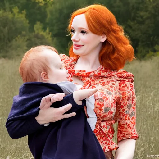 Prompt: Christina Hendricks breastfeeding baby, realistic, 4k,