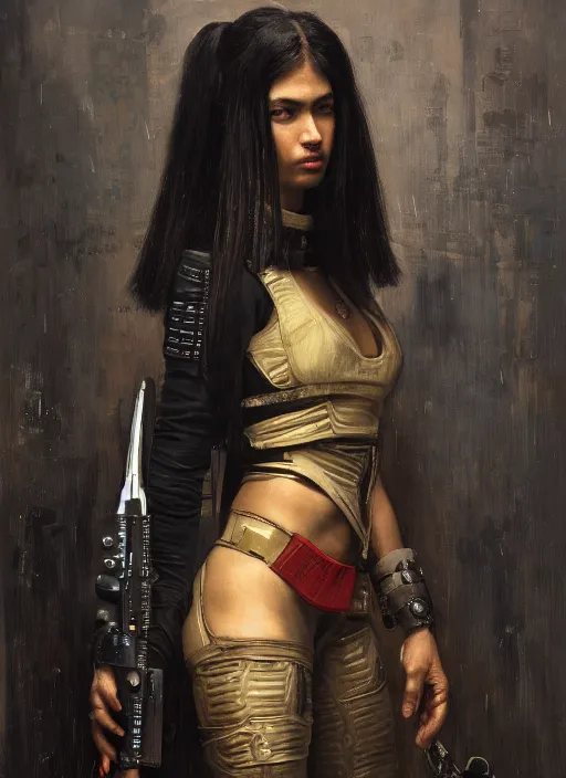 Image similar to Adriana. beautiful cyberpunk Samurai woman wearing a military vest and military jumpsuit (cyberpunk 2077). gorgeous african face. Iranian orientalist portrait by john william waterhouse and Edwin Longsden Long and Theodore Ralli and Nasreddine Dinet, oil on canvas. Cinematic, hyper realism, realistic proportions, dramatic lighting, high detail 4k