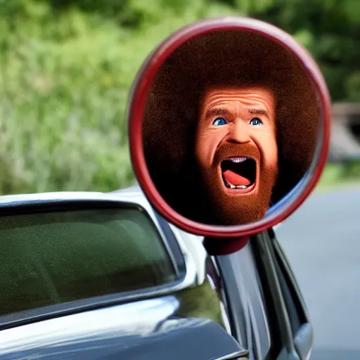 Image similar to a tiny screaming angry bob ross running your in rear view mirror, photograph